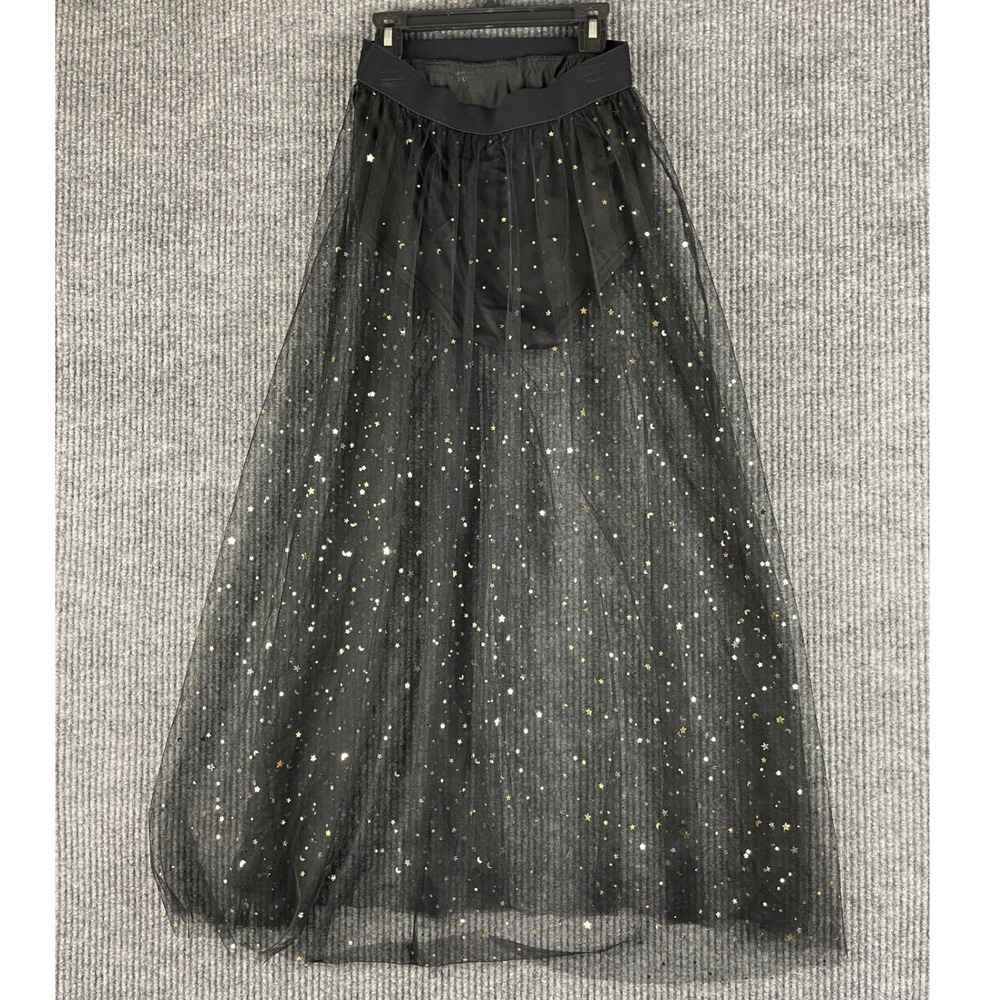 Whimsigoth Celestial Sheer Maxi Skirt Small Moon Stars Gothic Beach Black S